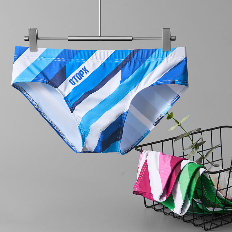 Men's Striped Swim Briefs Quick Dry Professional Racing Swim Trunks Low Waist Beach Swimming Shorts for Water Sports