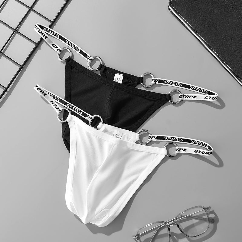 Metal Ring Shoulder Strap Sexy Low Waistline Fashion U Convex Pouch Thongs Underwear