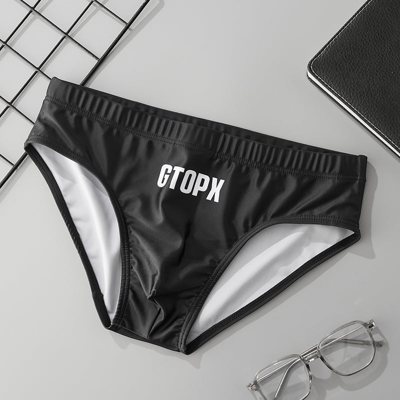 Men's Low Waist Swim Briefs Letter Print Quick Dry Beach Swimming Trunks