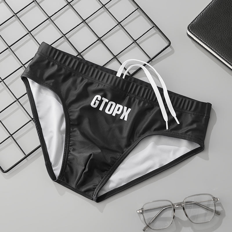 Men's Low Waist Swim Briefs Letter Print Quick Dry Beach Swimming Trunks