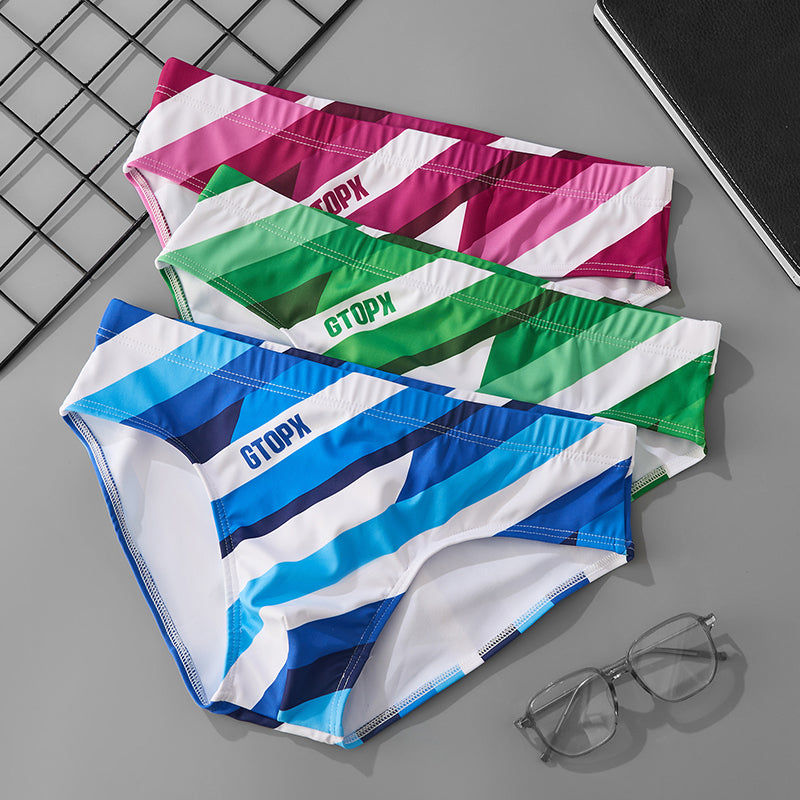 Men's Striped Swim Briefs Quick Dry Professional Racing Swim Trunks Low Waist Beach Swimming Shorts for Water Sports