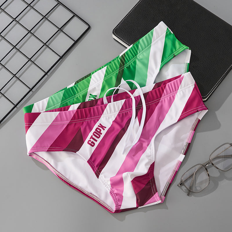 Men's Striped Swim Briefs Quick Dry Professional Racing Swim Trunks Low Waist Beach Swimming Shorts for Water Sports