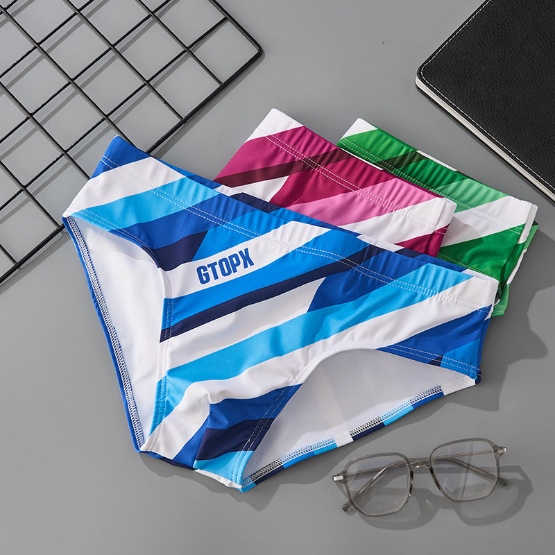 Men's Striped Swim Briefs Quick Dry Professional Racing Swim Trunks Low Waist Beach Swimming Shorts for Water Sports